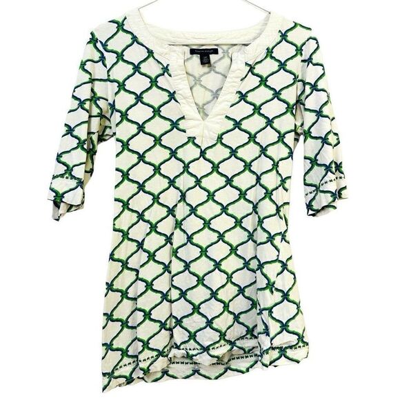 Tommy Hilfiger Quatrefoil Split Neck Half Sleeve Top Blue Green Small - Picture 1 of 3